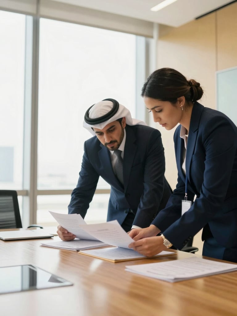 Focused professionals collaborating over physical documents in a brightly lit modern corporate boardroom in Doha, soft window light, premium editorial style.