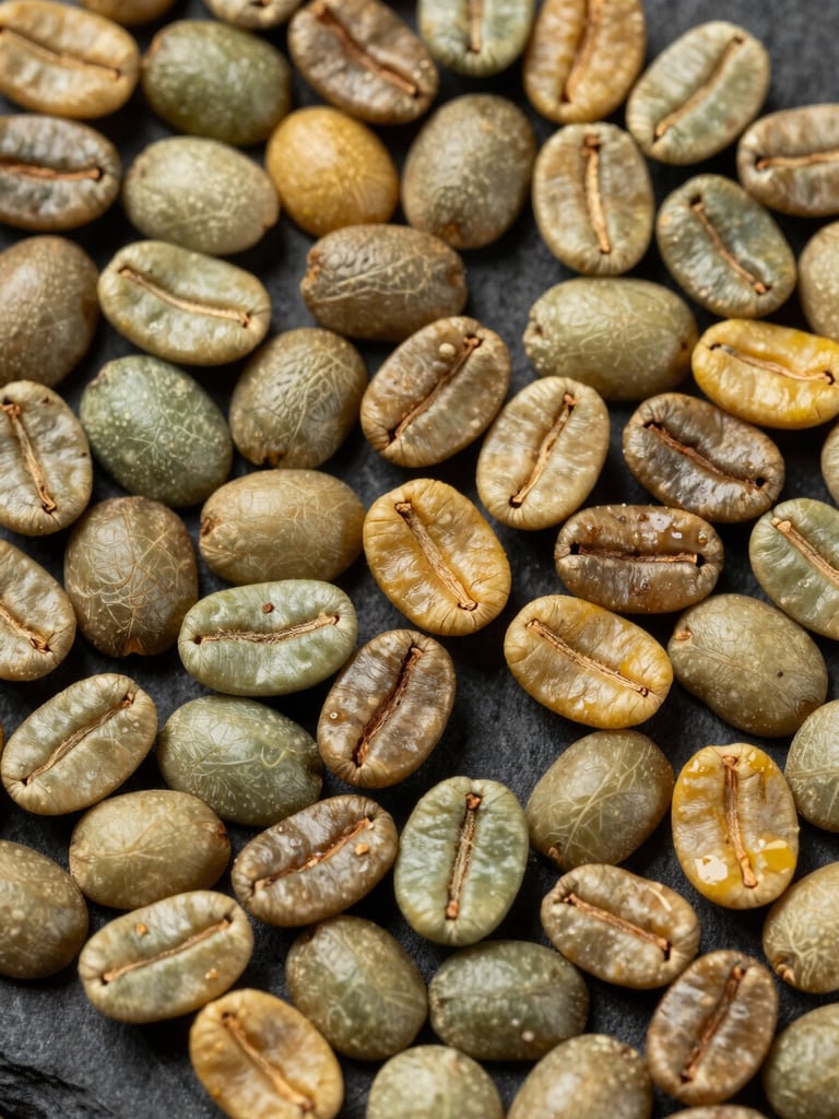 Extreme macro overhead flat-lay of raw green coffee beans at varying fermentation stages — some pale sage-green, others yellow-tinged from honey processing — arranged on a matte dark slate surface under controlled studio strobe lighting, sharp focus across the full frame revealing seed coat texture, color gradation, and moisture variation across individual beans, no garnish, no styling props