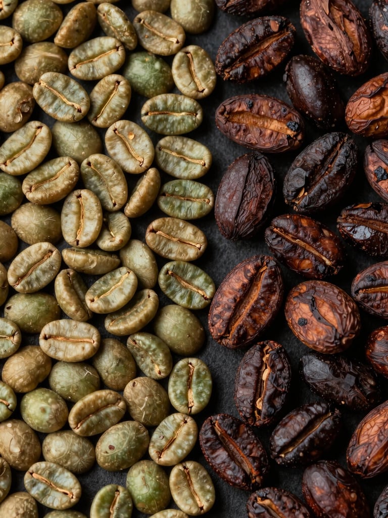 Extreme close-up overhead flat-lay of raw green coffee beans and fermented cacao nibs arranged in two distinct quadrants on a matte dark surface, studio strobe lighting revealing precise color gradation and texture — bean cross-sections visible at the border between the two groups, no garnish, no styling