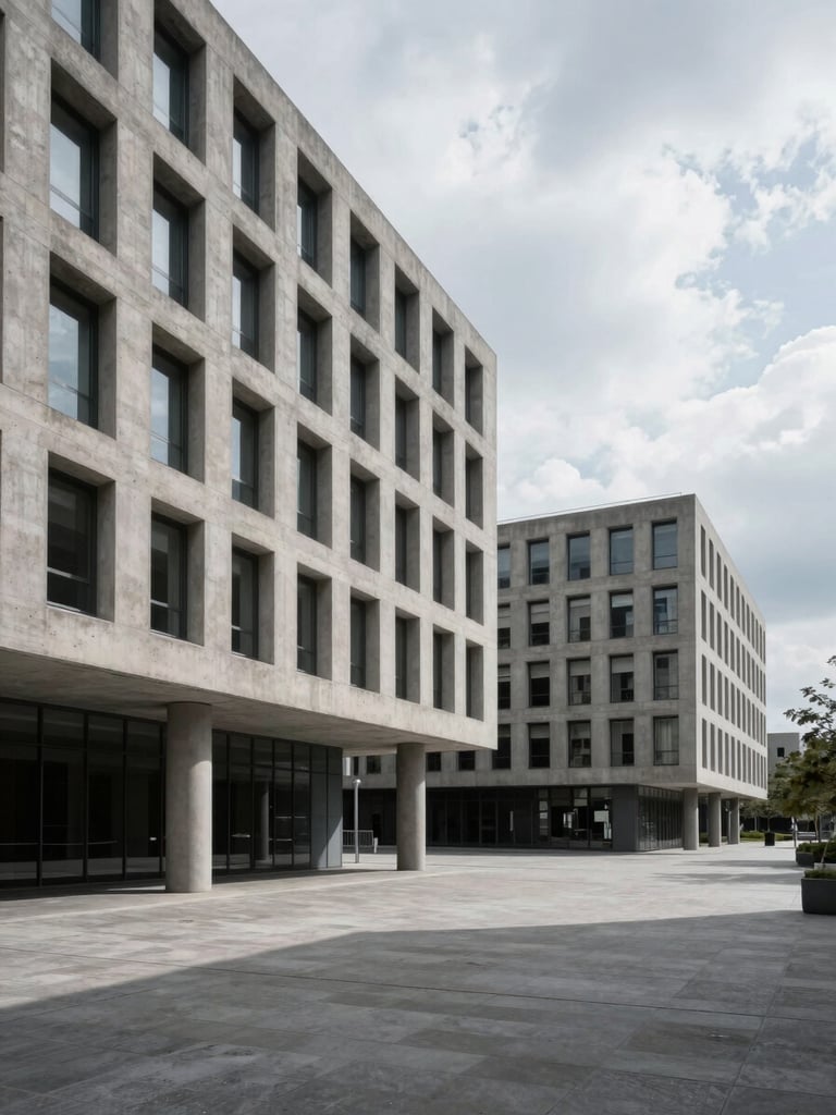 Cool, overcast daylight shot of modern brutalist concrete corporate architecture, sharp geometric shadows, wide perspective with negative space.