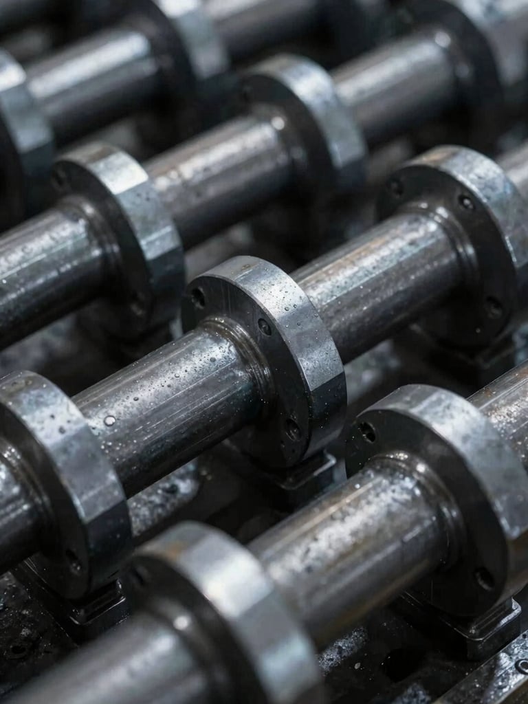 Macro close-up of desaturated steel industrial machinery parts, sharp focus, dramatic shadows, cool warehouse lighting.