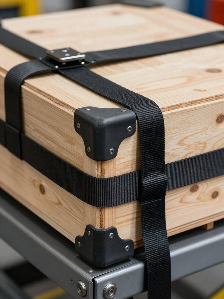 Macro close-up of heavy-duty tension straps and corner protectors securing a wooden crate on a hydraulic lift gate, bright utility lighting.