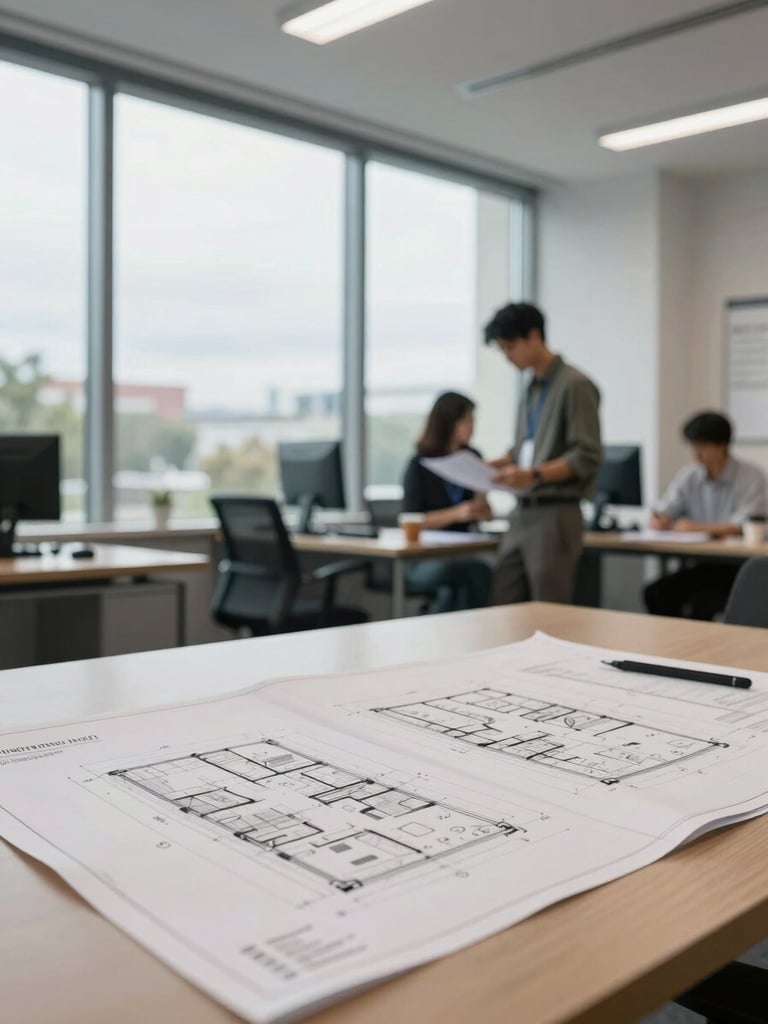 Wide environmental interior shot of a real estate development office workspace, natural overcast daylight through large windows, architectural plans spread across a large desk in the foreground, a team member in background reviewing documents, clean institutional atmosphere, no posed smiles