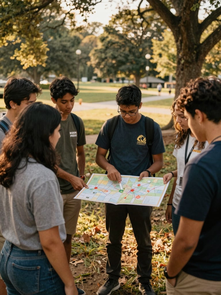 Candid medium shot of diverse teenage leaders standing in a circle outdoors in an Indiana park, discussing a project map, warm golden hour light, rich earthy tones, 35mm film style