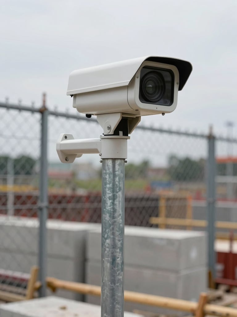 Close-up ground-level view of a CCTV camera mounted on a steel post at a construction site perimeter, chain-link fence and staged concrete blocks visible in the background, overcast natural daylight, sharp focus on the camera housing