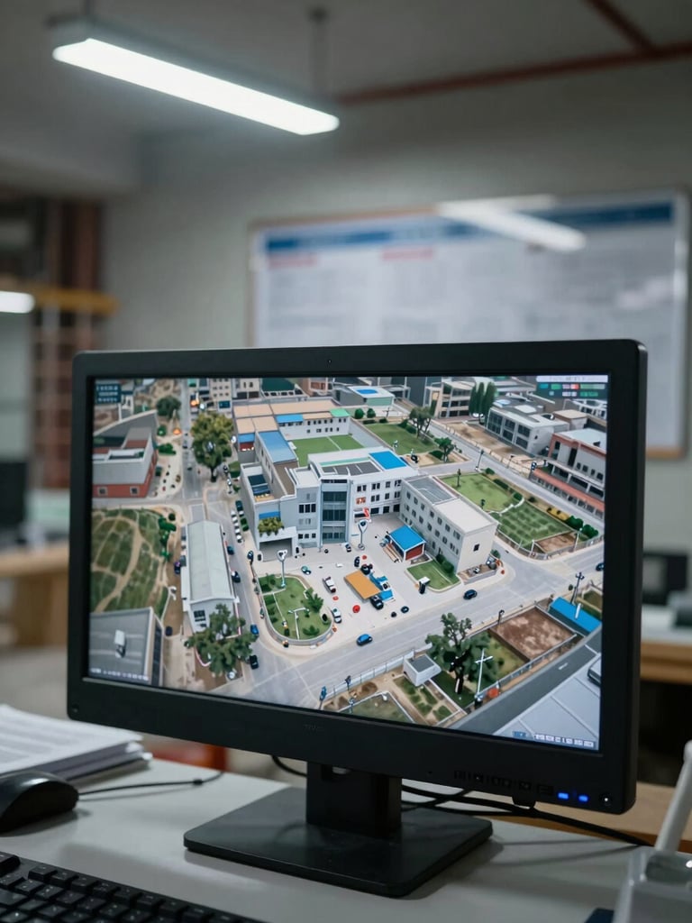 Wide-angle view inside a construction site compound, security camera feed displayed on a monitor in the foreground, site plan pinned to a board in the background, cool overhead fluorescent lighting, documentary detail