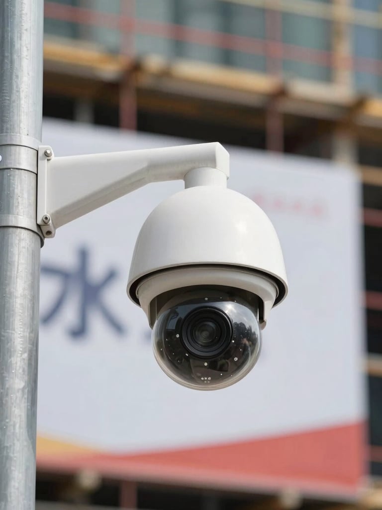Close-up of a CCTV dome camera mounted on a steel pole, construction hoarding visible in the background, natural daylight, shallow depth of field, documentary framing