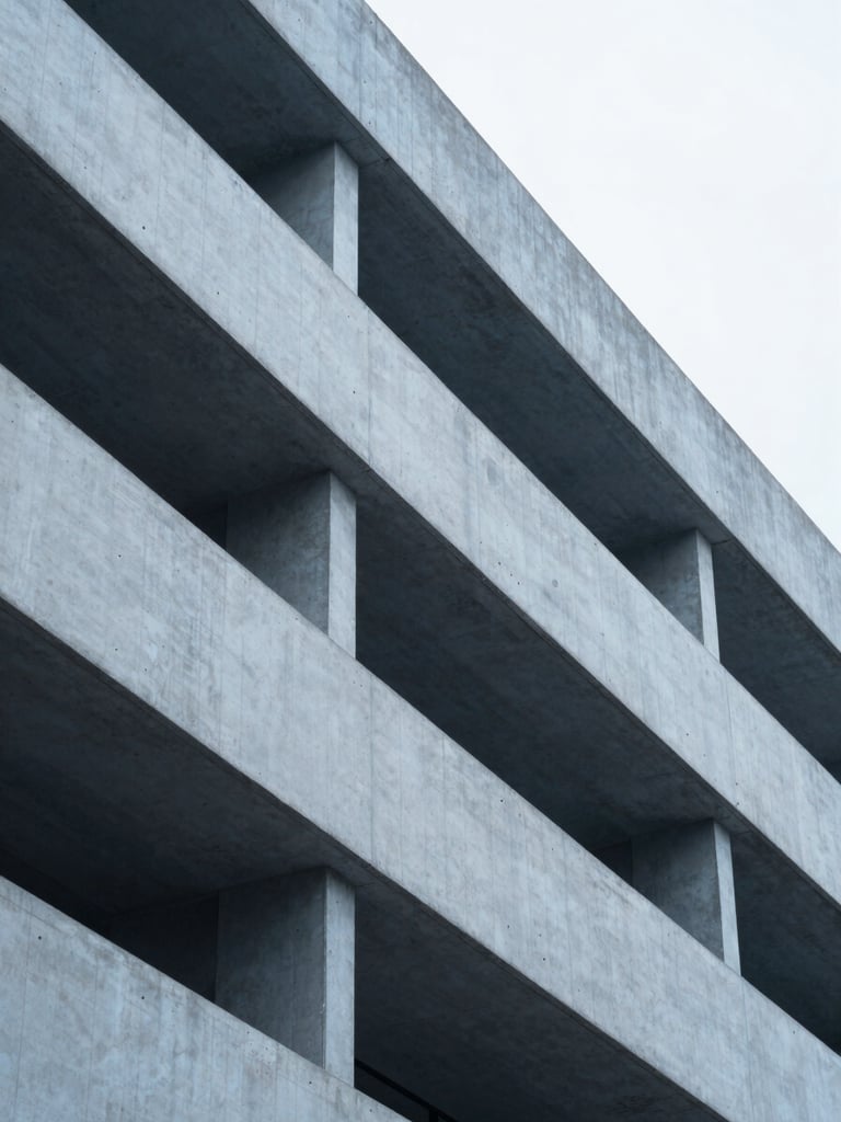 Macro architectural photograph of clean concrete lines and steel beams of a modern financial institution, soft overcast daylight, cool desaturated blue tones.
