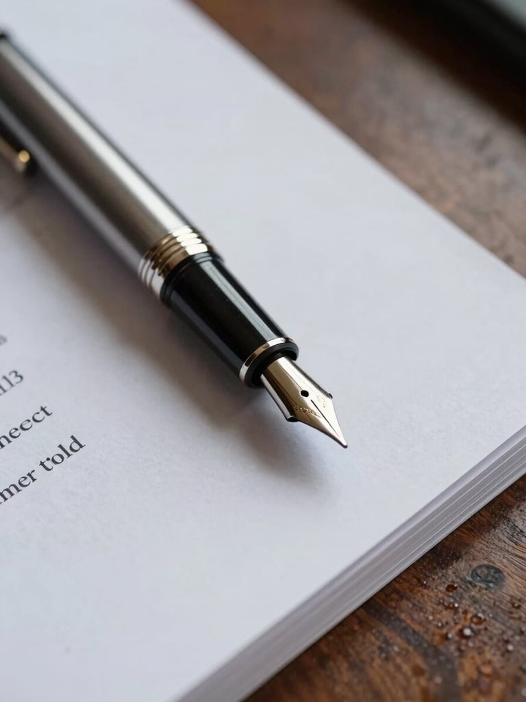 Extreme close-up of a luxury fountain pen resting on a thick, textured legal contract, soft natural daylight reflecting off the polished dark wood desk.