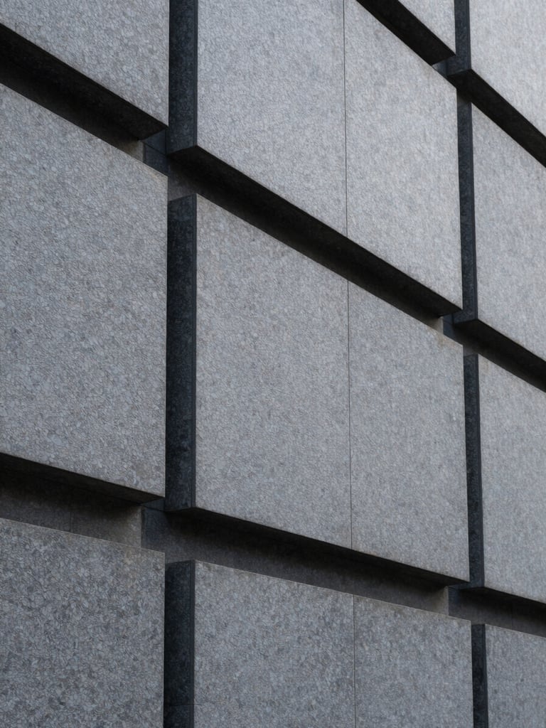 Minimalist architectural detail of a modern corporate building facade, sharp geometric slate-gray stone blocks, clean lines, cool diffused daylight.