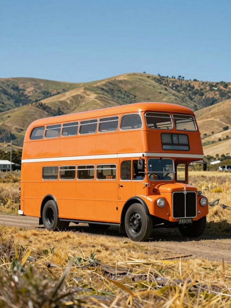 An authentic vintage double-decker bus, painted vibrant orange, parked in a scenic Oregon landscape with rolling hills in the background under clear blue skies.