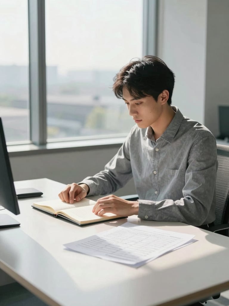 Wide environmental shot, young professional at a clean desk near a large office window, daylight casting soft architectural shadows, open notebook and printed spreadsheet visible on the desk surface, hands resting near the papers, calm and focused, no screen glow, no wealth signifiers