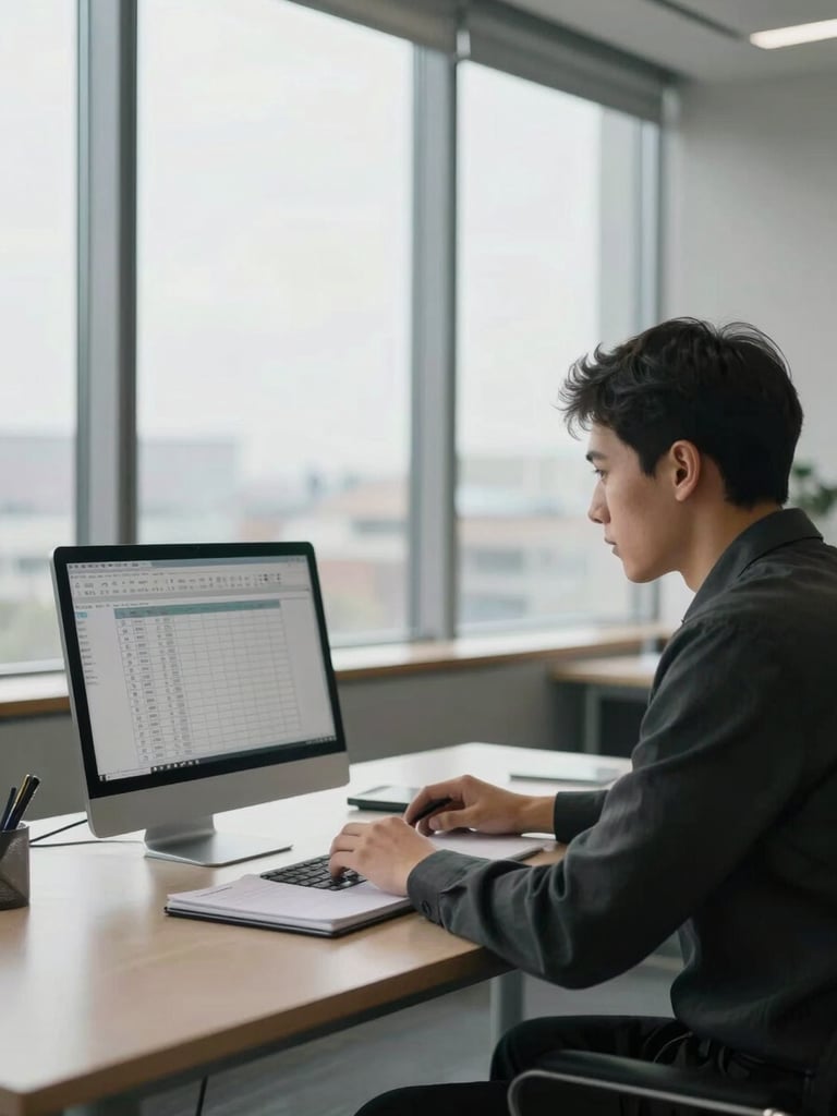 Wide environmental shot of a young professional at a minimal desk, notebook open and spreadsheet visible on screen, daylight from a tall office window casting soft architectural light across the workspace, no face visible, intent-focused framing
