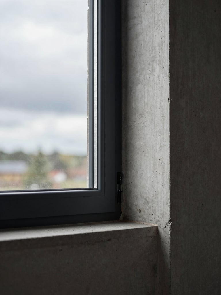 Close-up of modern triple-glazed window joint meeting raw exposed concrete wall, dramatic overcast Baltic light, architectural detail