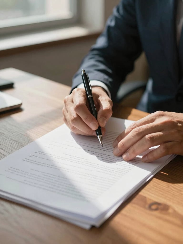 Close-up medium shot of a professional's hands resting on an open paper file at a wooden desk, natural daylight from a nearby window casting soft shadows across the documents, a pen held mid-annotation, warm indoor office ambience, documentary style