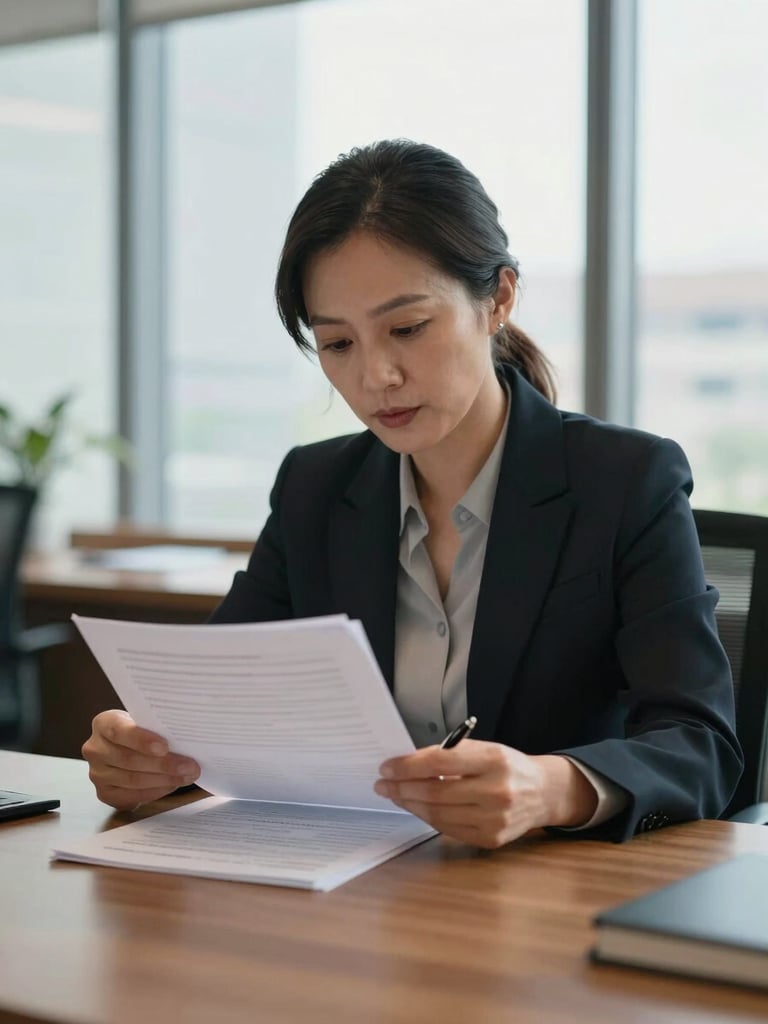 Close medium shot, natural daylight from a tall office window, a professional woman in her 40s seated at a wooden desk reviewing a printed document with both hands, pen resting between fingers, expression focused and composed, warm indoor ambience, shallow depth of field on the document
