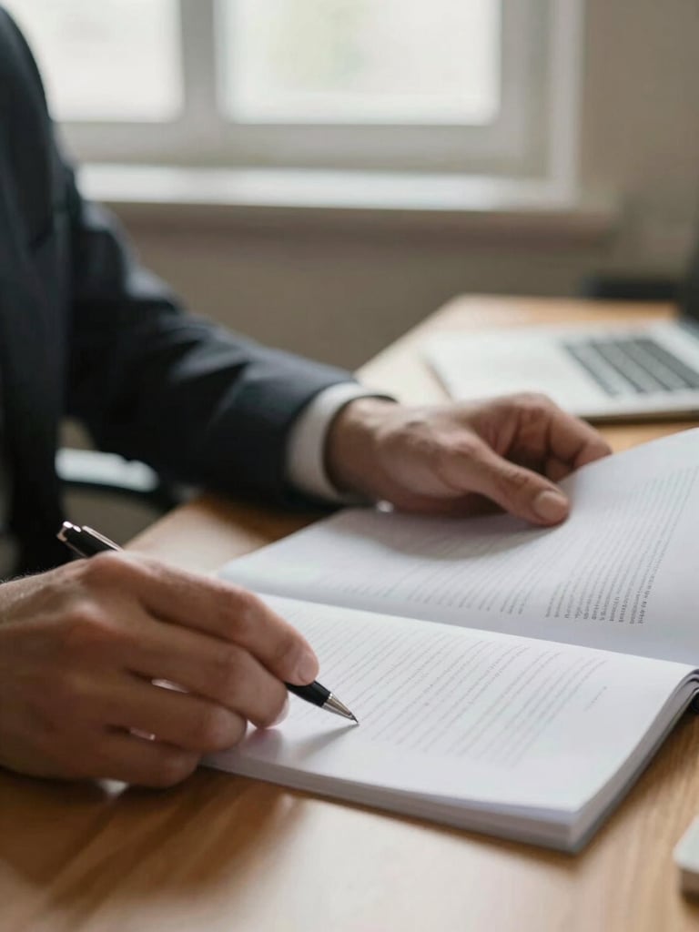 Close-up of a professional's hands turning pages of a printed document on a tidy wooden desk, natural window light falling across the paper, a pen resting to the side, warm indoor office ambience, shallow depth of field, documentary style