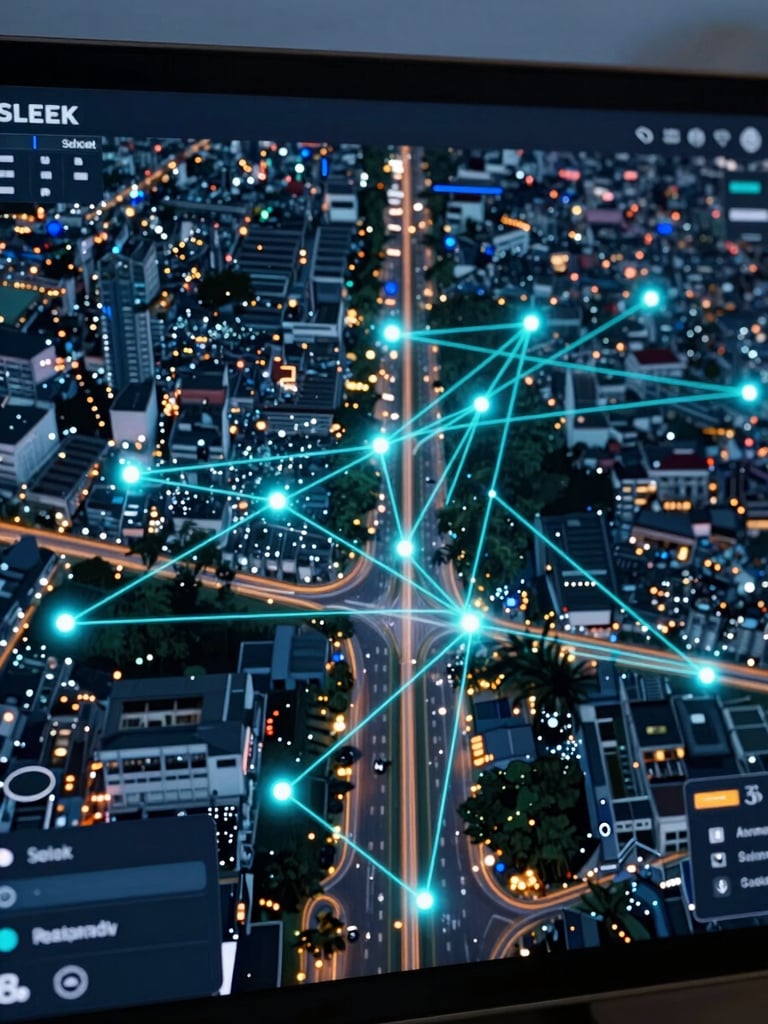 Sleek digital map dashboard showing glowing GPS nodes over a dark Jakarta street grid at dusk, electric cyan data lines connecting points.