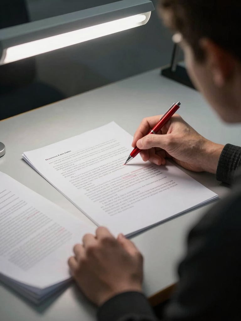 Over-shoulder view of a lawyer's hands at a desk reviewing a marked-up contract under overhead office fluorescent light, red pen annotations visible on dense legal text, a second document stack blurred in the foreground