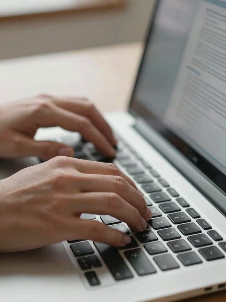 Close-up of hands typing on a laptop keyboard, a strategy document partially visible on screen, clean natural light from the left, shallow depth of field, sharp focus on fingers mid-keystroke