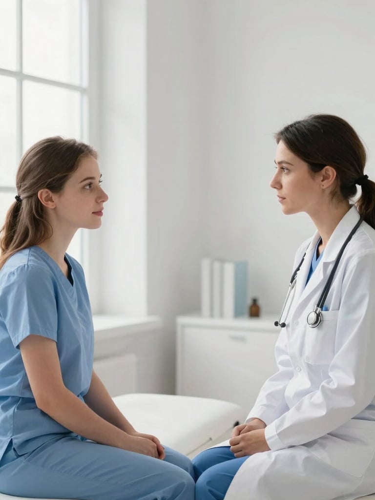 European patient discussing with a female doctor in a modern private studio, soft natural light, both European, prenotamedico.com watermark.