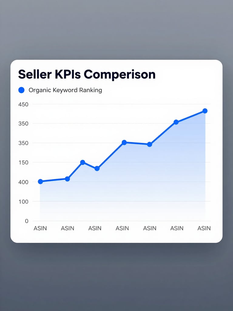 High-fidelity screenshot of Seller KPIs competitor comparison dashboard, showing a line chart comparing organic keyword ranking trends for multiple ASINs, crisp studio lighting, cool gray and sharp blue tones, vector precision.