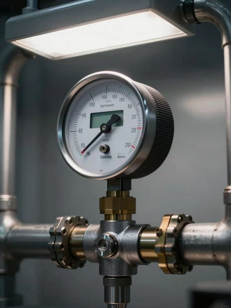 Technical close-up of a calibrated digital flow meter mounted on heavy steel piping, sharp overhead utility lighting, industrial slate gray environment, high-contrast framing.