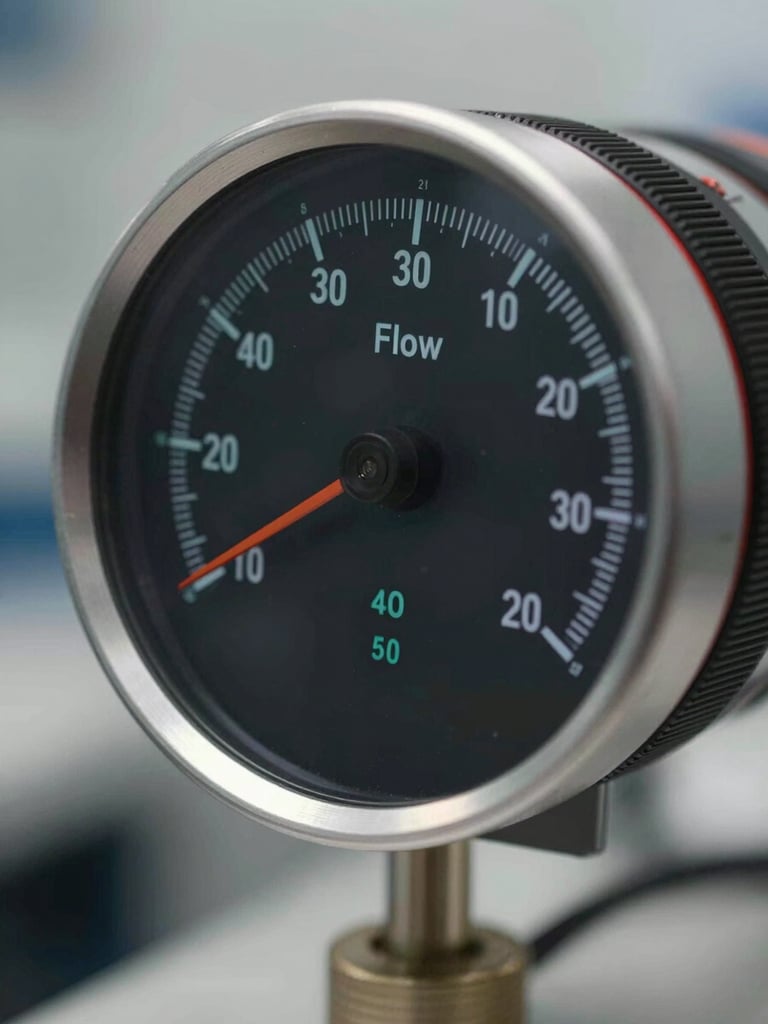 Close-up of a digital flow telemetry screen with precise calibration metrics, industrial setting, sharp clean lighting