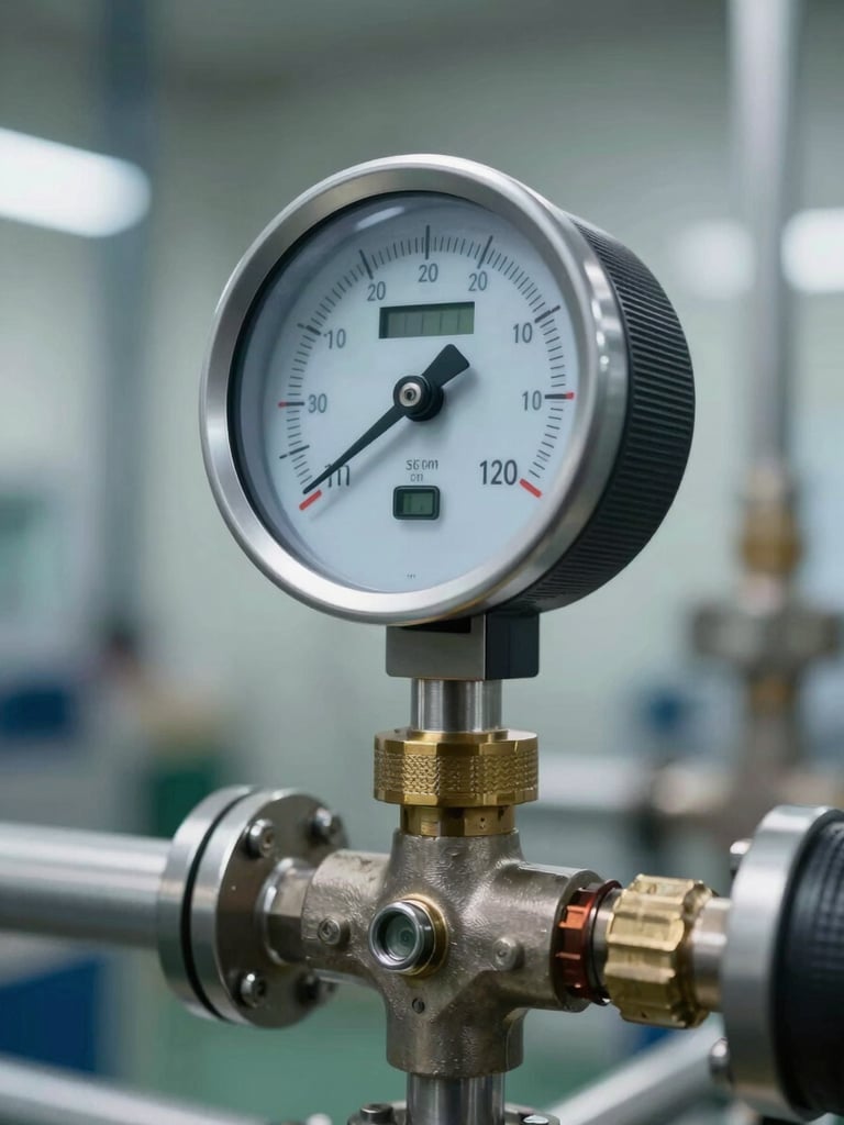 A close-up vertical shot of a digital flow meter displaying real-time telemetry data, mounted on industrial steel pipes in a clean, modern facility.
