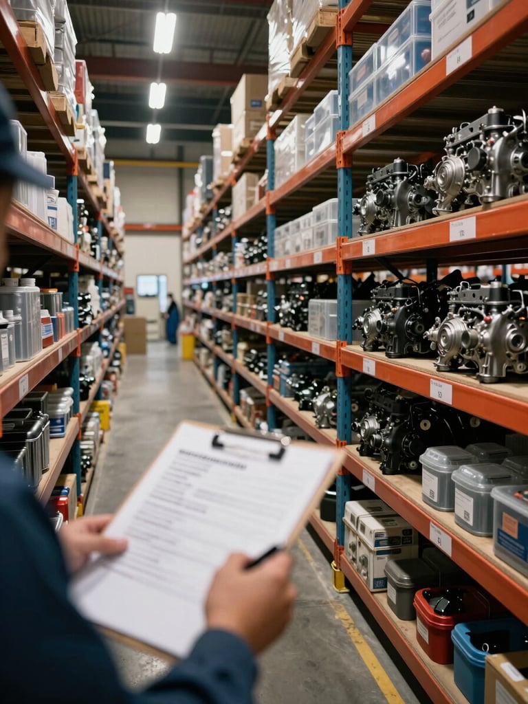 Wide environmental shot inside a working marine supply warehouse, shelves of labelled engine spare parts and sealed technical components receding into depth, overhead warehouse lighting casting hard shadows on organised inventory racks, a worker's hands checking a manifest clipboard in the foreground left, no faces visible