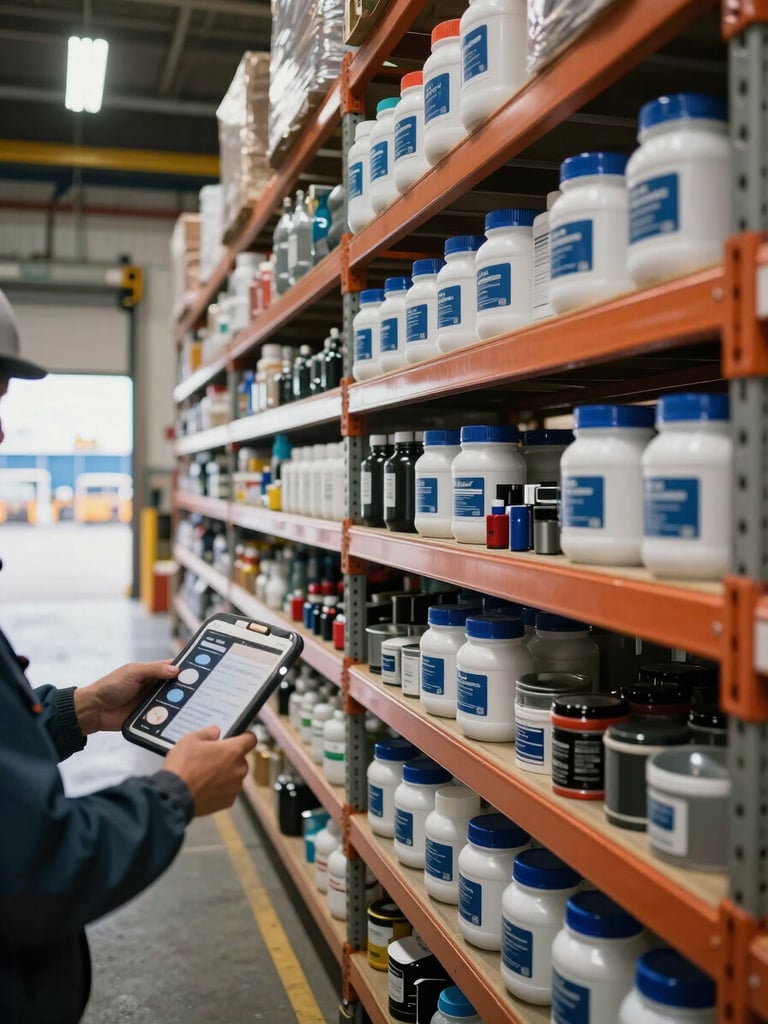 Close-up wide shot of a busy port supply hold, shelving racks stocked with labeled marine consumable containers and technical parts under overhead warehouse light, a worker's hands mid-inventory check visible in the left foreground, industrial floor and port-side loading door visible in background