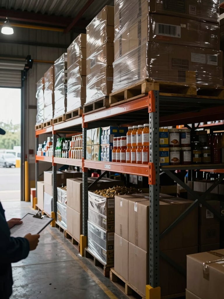 Wide port-side warehouse interior, left-frame composition — organized rows of provisions crates and dry goods on industrial shelving under overhead warehouse light, a dock worker's hands visible checking a clipboard against stacked cartons, natural daylight entering from a loading bay at far left, deep shadow in the right third of the frame