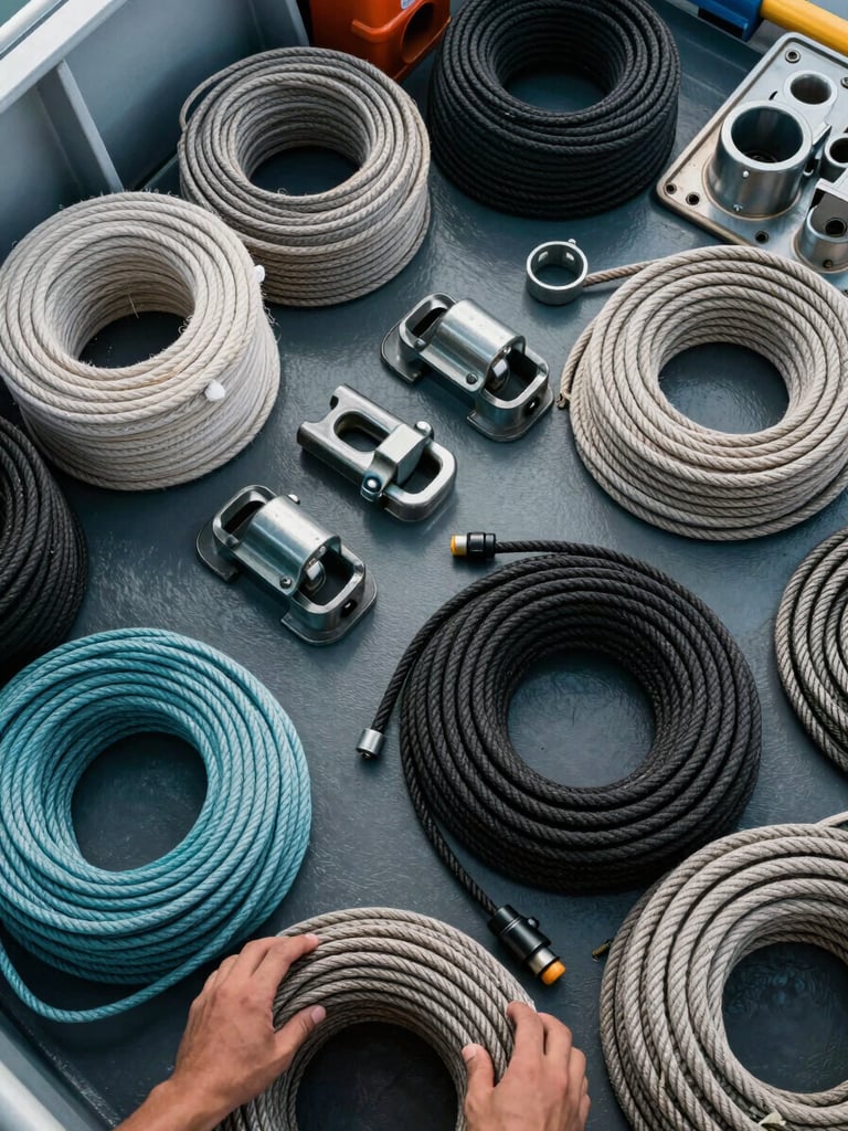 Close-up overhead flat-lay of organized deck store inventory on a working vessel hold floor — manila and synthetic mooring lines coiled beside shackles, wire rope, and steel deck hardware under warehouse port light, hands visible adjusting a coil in the lower corner