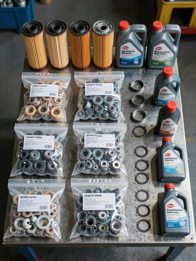 Overhead flat-lay of engine store consumables arranged on a steel surface — oil filters, seal kits in labelled bags, gasket sets, and lubricant sample bottles under port warehouse daylight, organized by category, hands-free inventory view