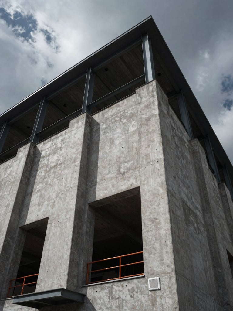 Low-angle architectural shot of concrete and steel building facade under dramatic overcast daylight, casting sharp shadows, high-contrast cool grays.