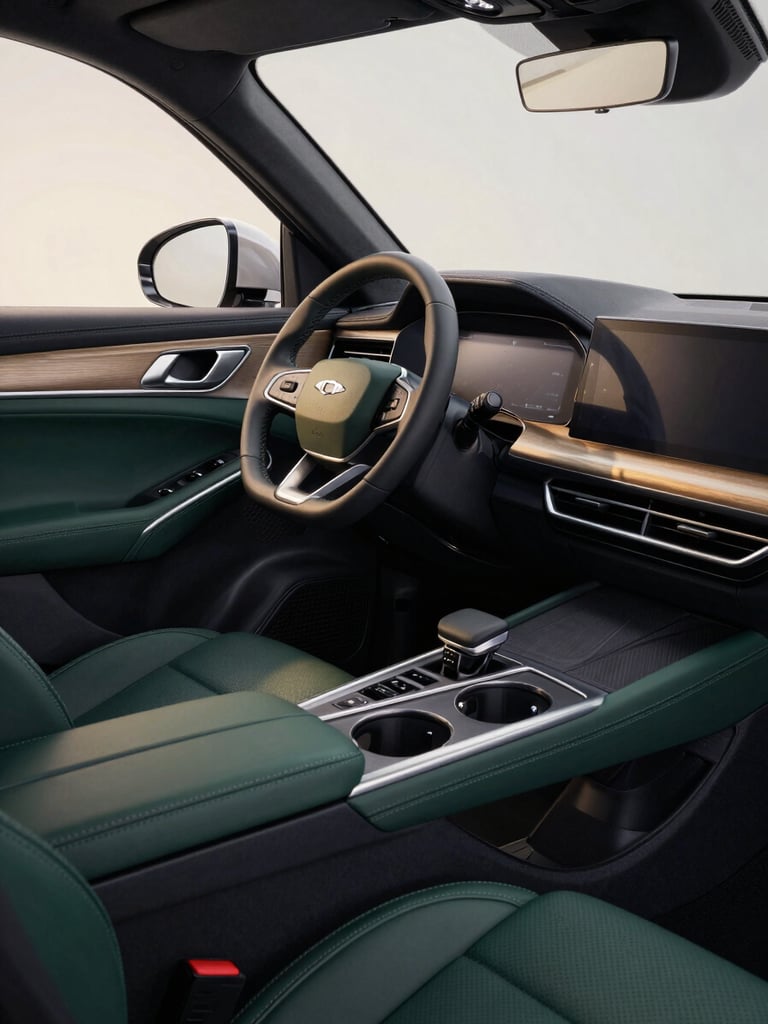 Gros plan élégant sur l'intérieur en cuir d'un SUV Bestune T55, tableau de bord moderne, lumière naturelle douce à travers la vitre, atmosphère de travail sereine pour passager d'affaires.