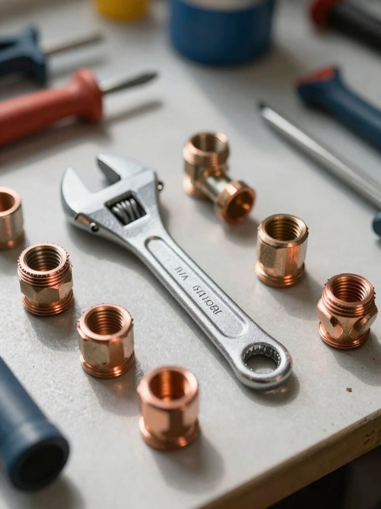 Close-up of professional plumbing tools, including an adjustable wrench and copper pipe fittings, arranged neatly on a clean workshop bench in bright, natural daylight.