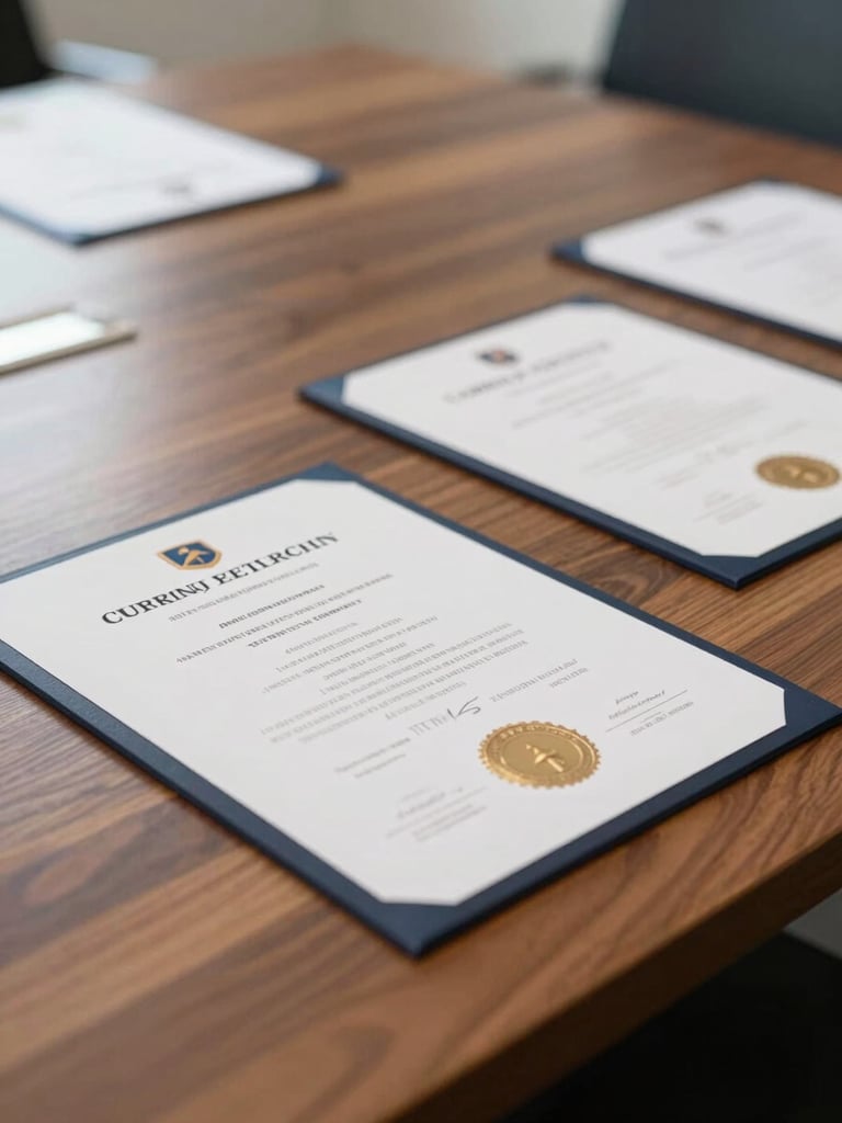 Close up of physical accredited certificates on a premium wooden boardroom table, soft warm natural light, professional corporate environment.