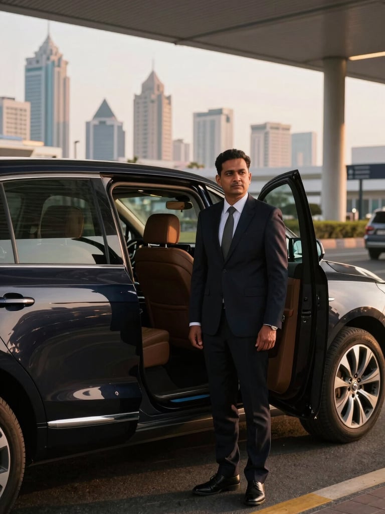 A professional chauffeur in clean formal attire standing beside an open passenger door of a luxury SUV at an airport terminal, modern Indian cityscape in background, golden hour