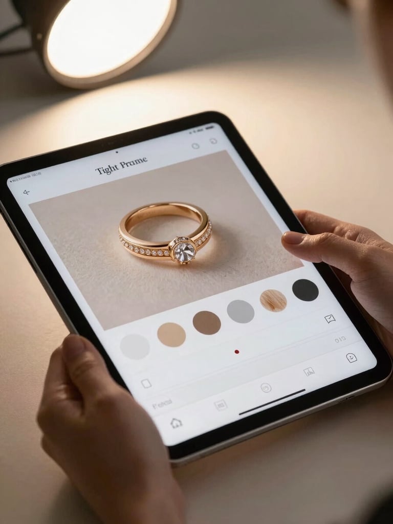 Tight product shot: a hand scrolling an iPad Pro screen showing a jewelry e-commerce product detail page — high-fidelity ring photography filling the upper half of the screen, material-selector chips below, clean studio strobe light from above, fingers visible mid-scroll, no warm tones, neutral background