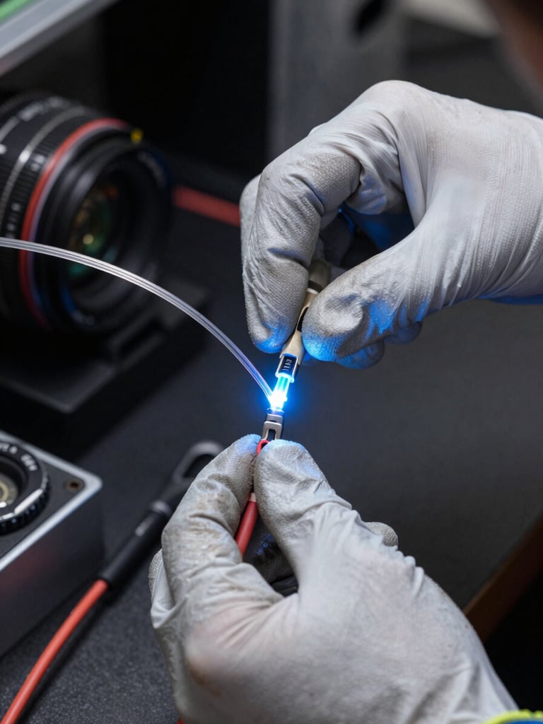 Close-up portrait shot of a telecom technician in safety gloves splicing glowing glass strands of a fiber-optic cable, cool blue LED light reflecting off tools, dark technical background.