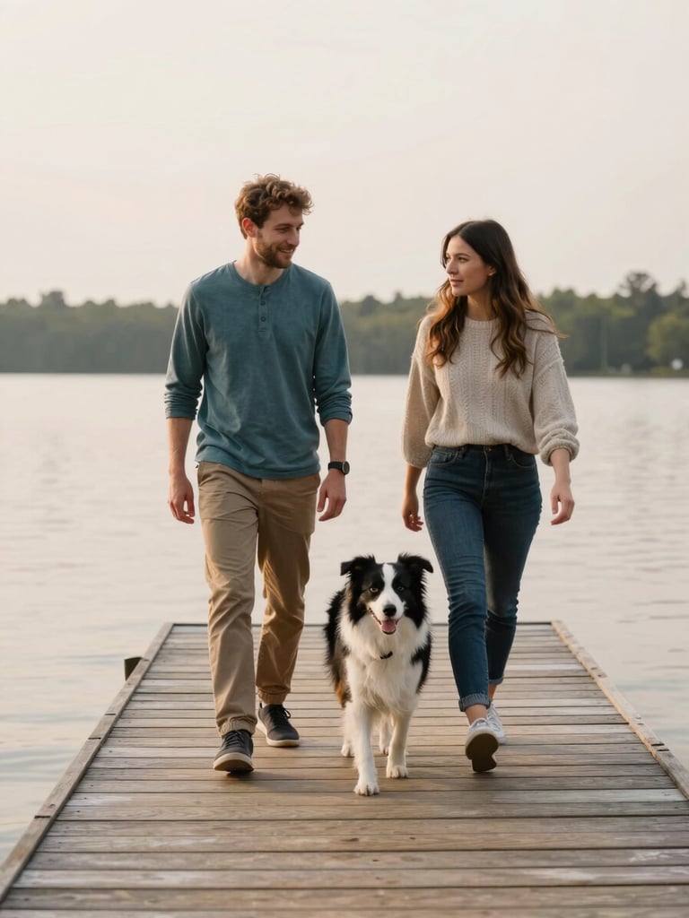Two modern founders walking a happy border collie on a wooden lakeside dock in Ontario, soft overcast daylight, editorial style