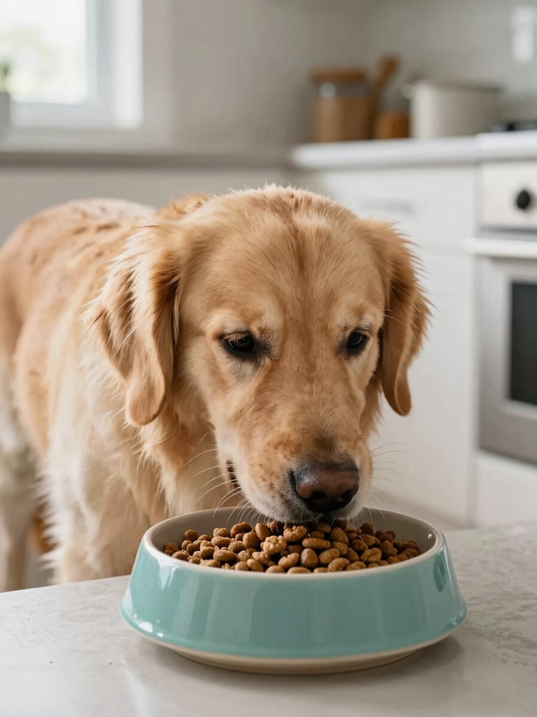 Close-up of a healthy golden retriever eating premium kibble from a ceramic bowl in a bright, modern Vancouver kitchen, soft morning light, editorial 35mm