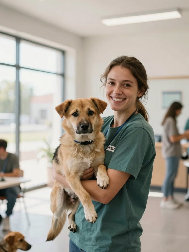 Candid medium shot of a volunteer smiling while holding a rescue dog in a bright, modern shelter lobby, soft natural daylight, shallow depth of field