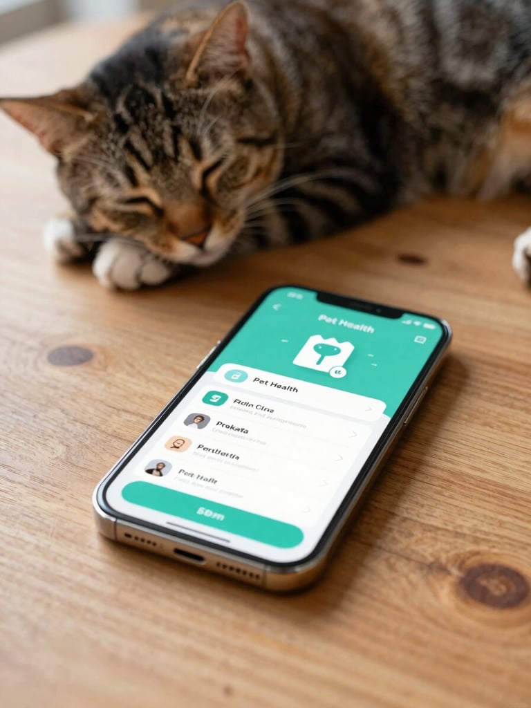 A clean modern smartphone displaying a pet health app interface, resting on a warm wooden table next to a sleeping tabby cat, soft natural morning light, shallow depth of field, 35mm