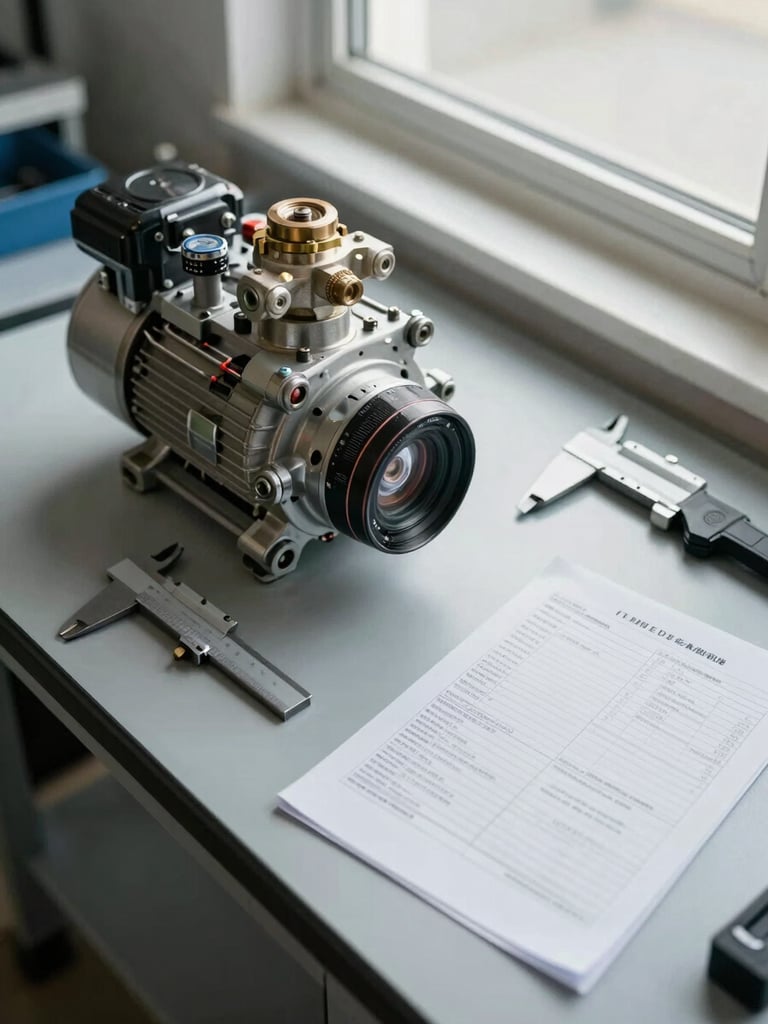 Overhead shot of a compressor parts service bench with a valve assembly, calipers, and a printed specification sheet laid flat, clean diffused north-facing window light, organized and precise