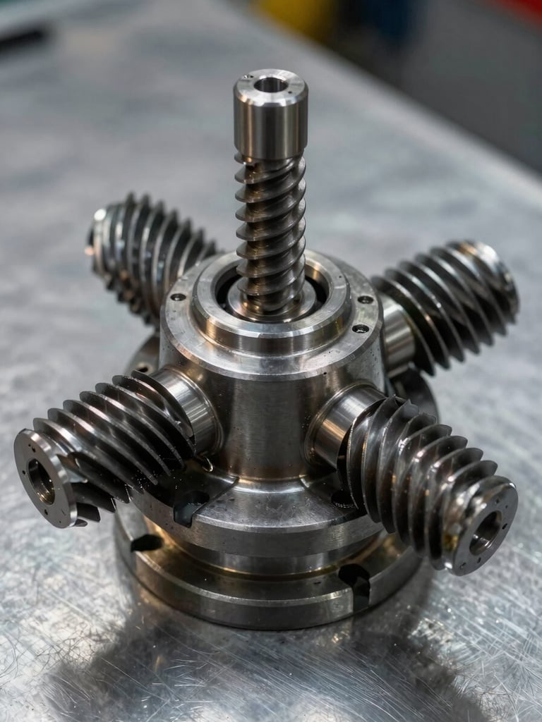 Extreme close-up of a twin-screw rotor assembly on a steel surface, even north-facing studio light revealing machined grooves and metal finish in sharp detail, no shadows