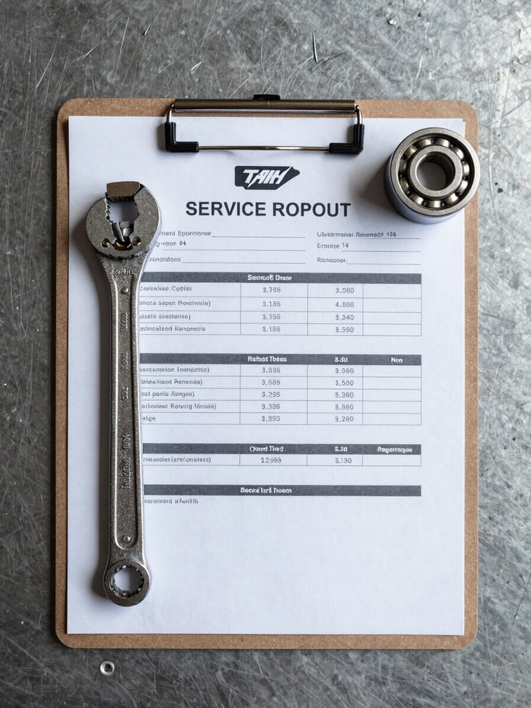 Overhead flat-lay of a completed service report clipboard beside a torque wrench and a sealed replacement bearing on a clean steel work surface, even north-facing daylight, sharp document detail visible