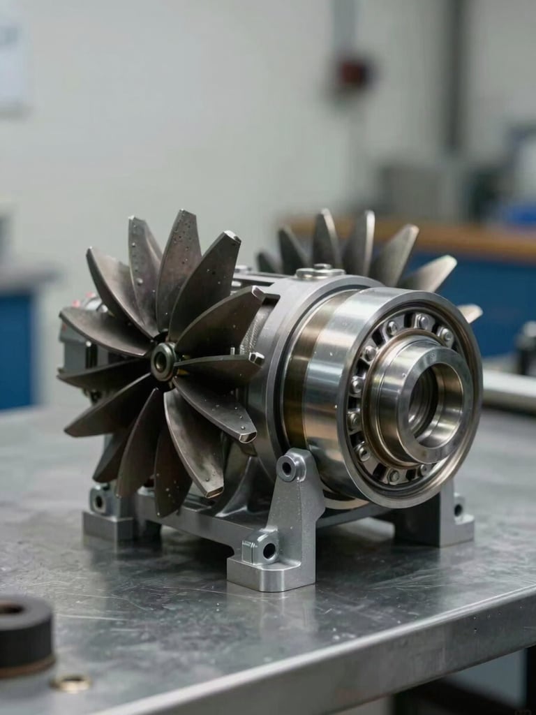 Close-up of a screw compressor rotor pair and bearing assembly arranged on a clean steel-gray workshop bench, even studio strobe lighting, sharp detail on machined surfaces and labeling, neutral background