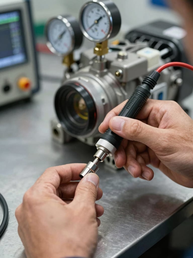 Close-up of a technician's hands connecting a digital diagnostic probe to a screw compressor port, pressure gauge visible in background on a steel bench, even studio lighting, sharp focus on connector detail